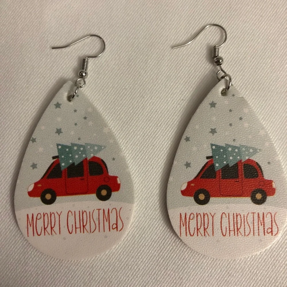 Merry Christmas Car with Tree Teardrop Earrings - Picture 3 of 5